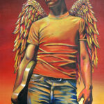 Jonny Angel 24x48 acylic on canvas SOLD Portrait of Rock Angel with guitar-Inspired by Jonny Lang